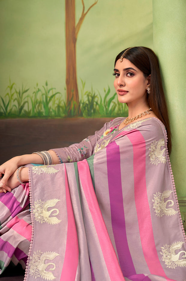purple embroidered silk blend saree party wear