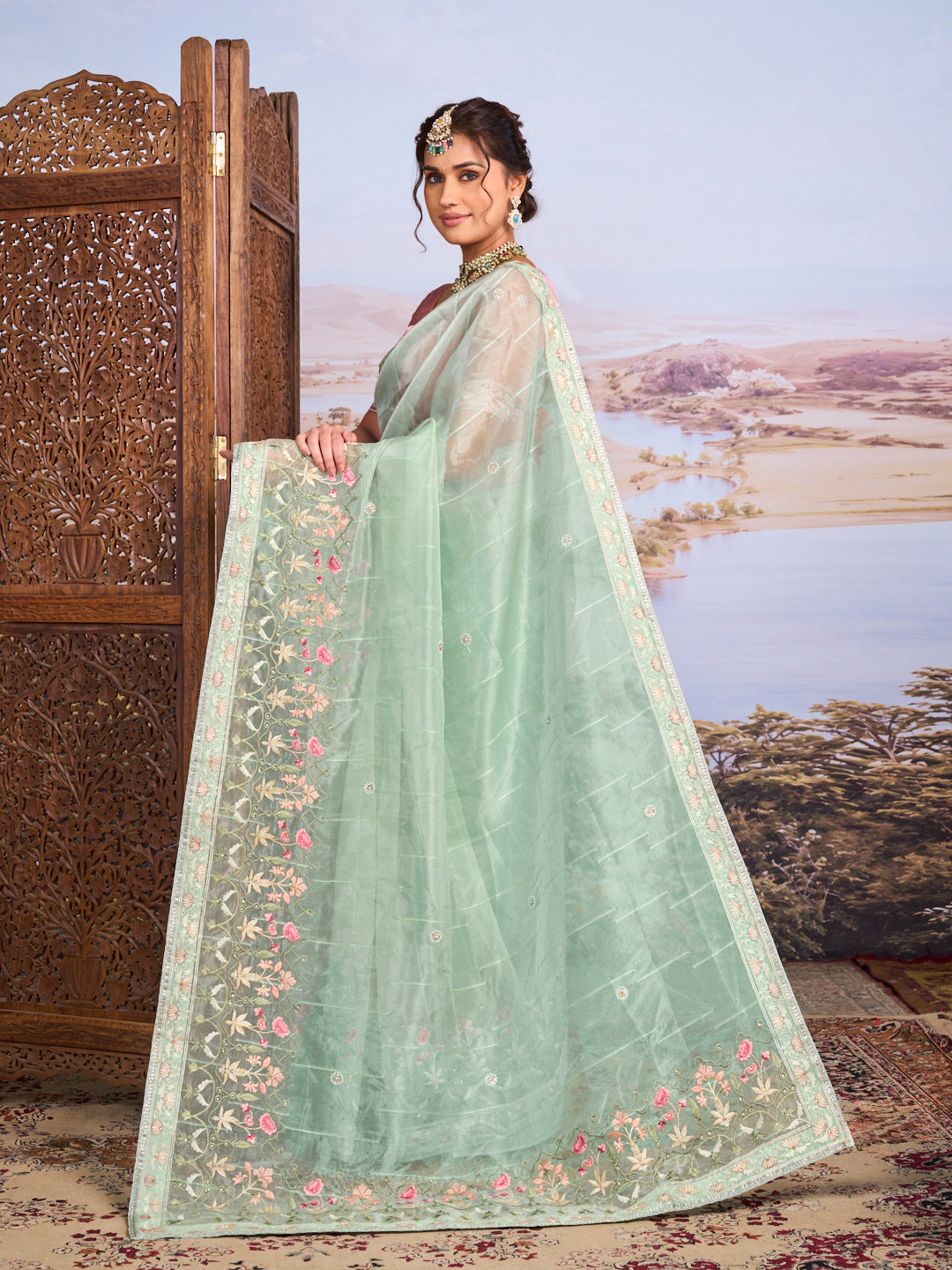 Green floral embroidered tissue organza saree wedding wear