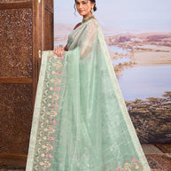 Green floral embroidered tissue organza saree wedding wear