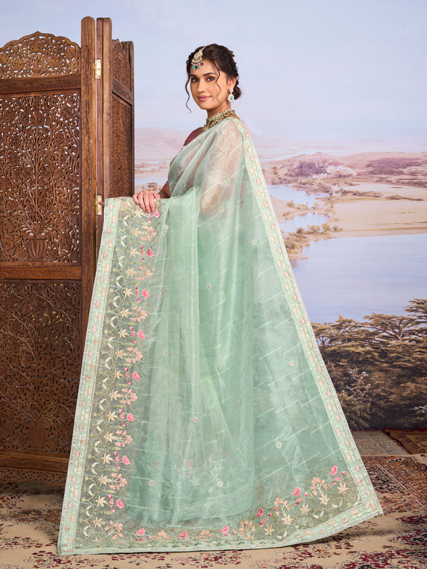 Green floral embroidered tissue organza saree wedding wear