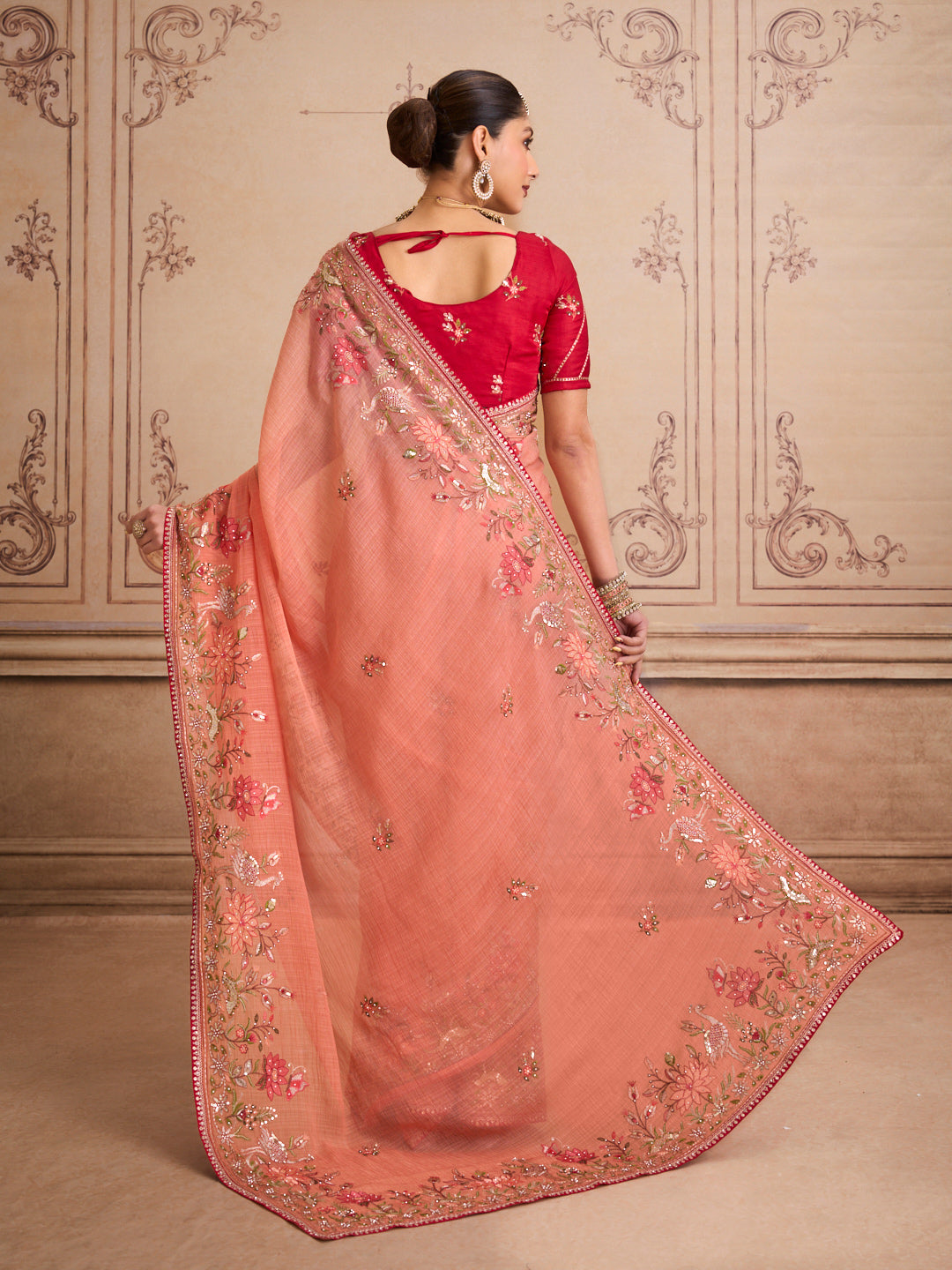 Peach floral embroidered chiffon saree festive wear