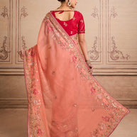 Peach floral embroidered chiffon saree festive wear