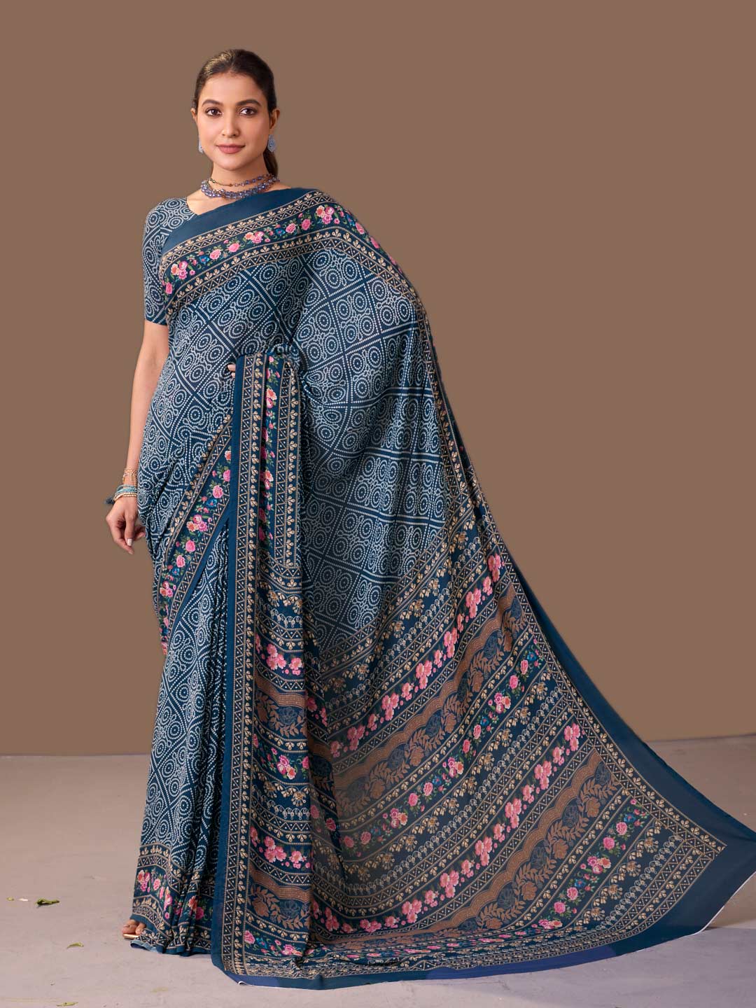 Laxmipati Dillagi Navy Blue Georgette Floral Saree