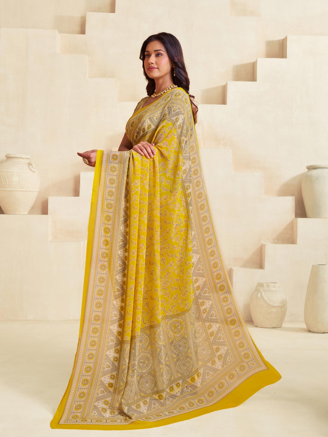Yellow floral geometric saree daily wear