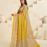 Yellow floral geometric saree daily wear