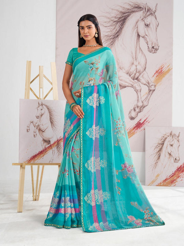 Laxmipati Murli Blue Chiffon Floral Saree