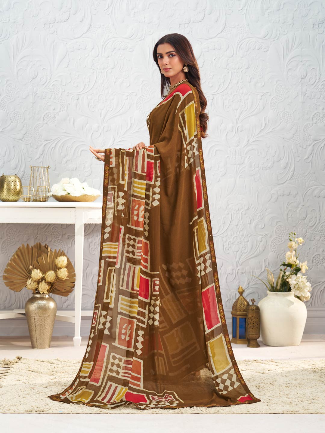 Brown geometric printed georgette saree festive wear