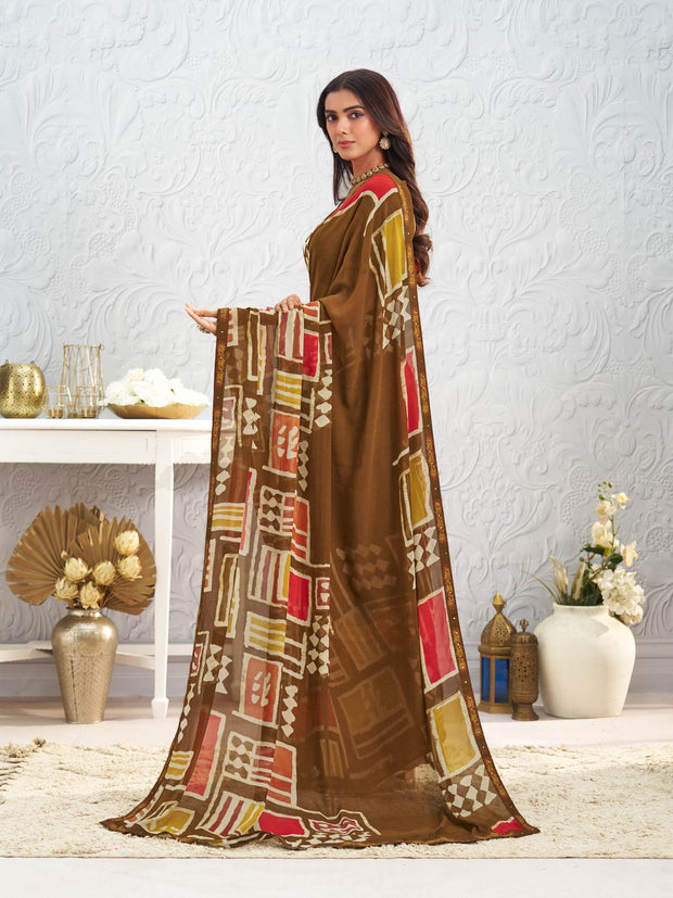 Brown geometric printed georgette saree festive wear