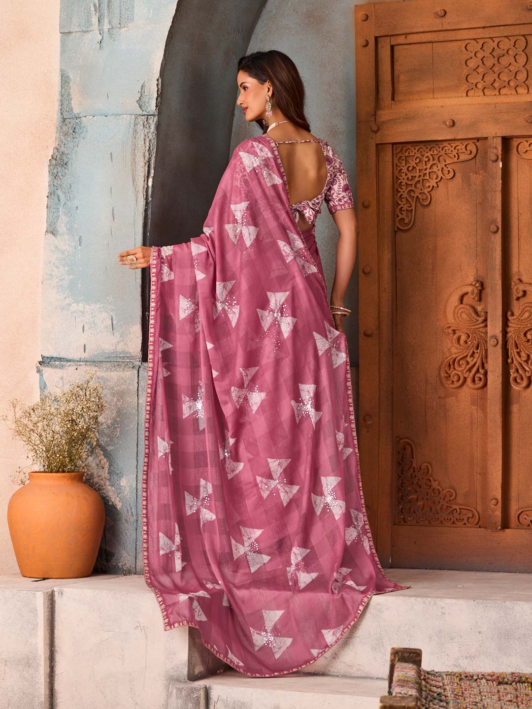 Pink checkered printed chiffon saree daily wear