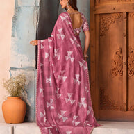 Pink checkered printed chiffon saree daily wear