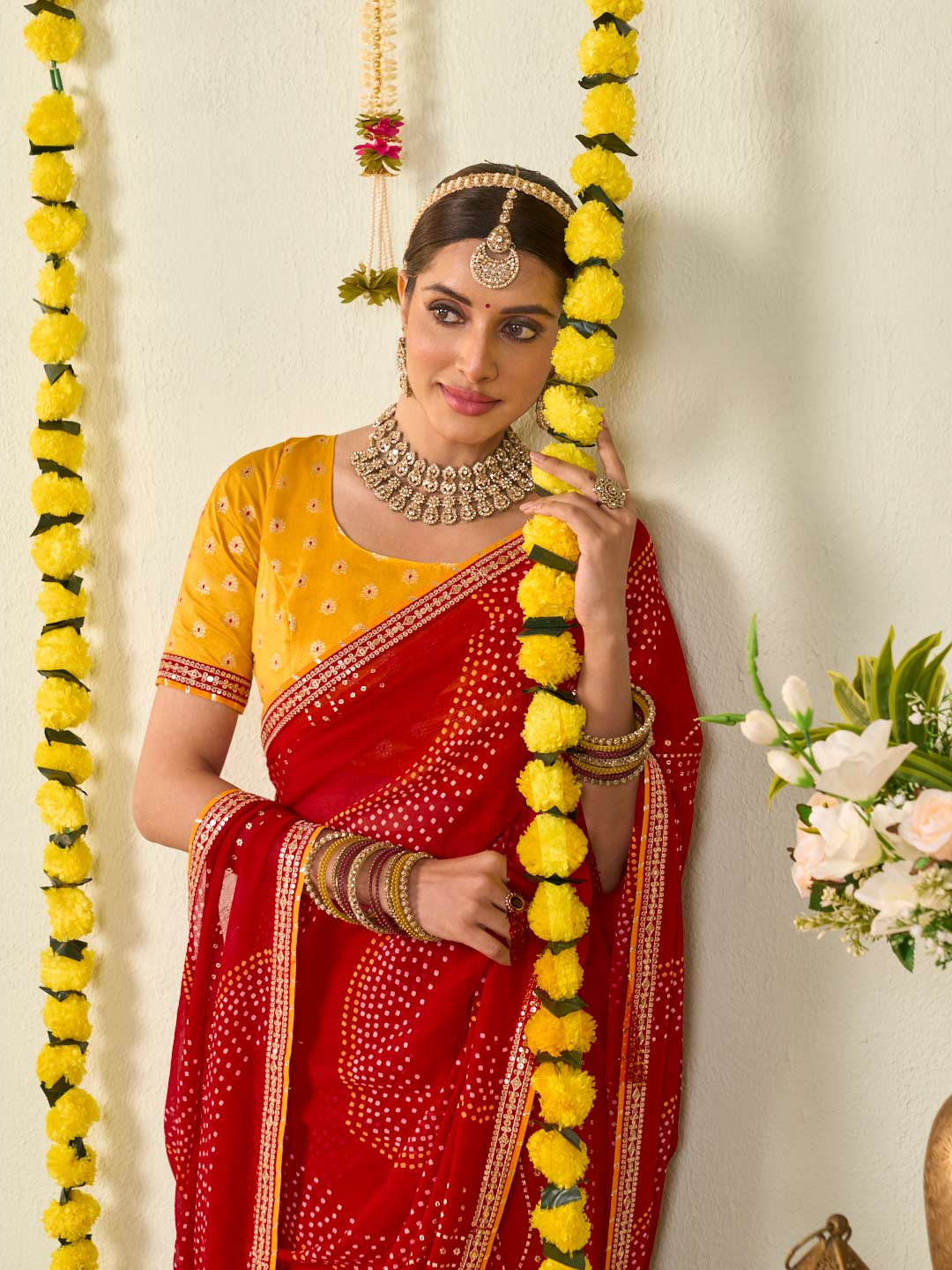 Red bandhani printed georgette saree casual wear