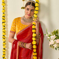 Red bandhani printed georgette saree casual wear