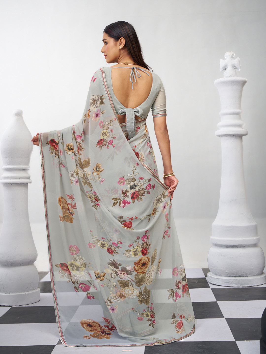 Grey trendy floral saree design