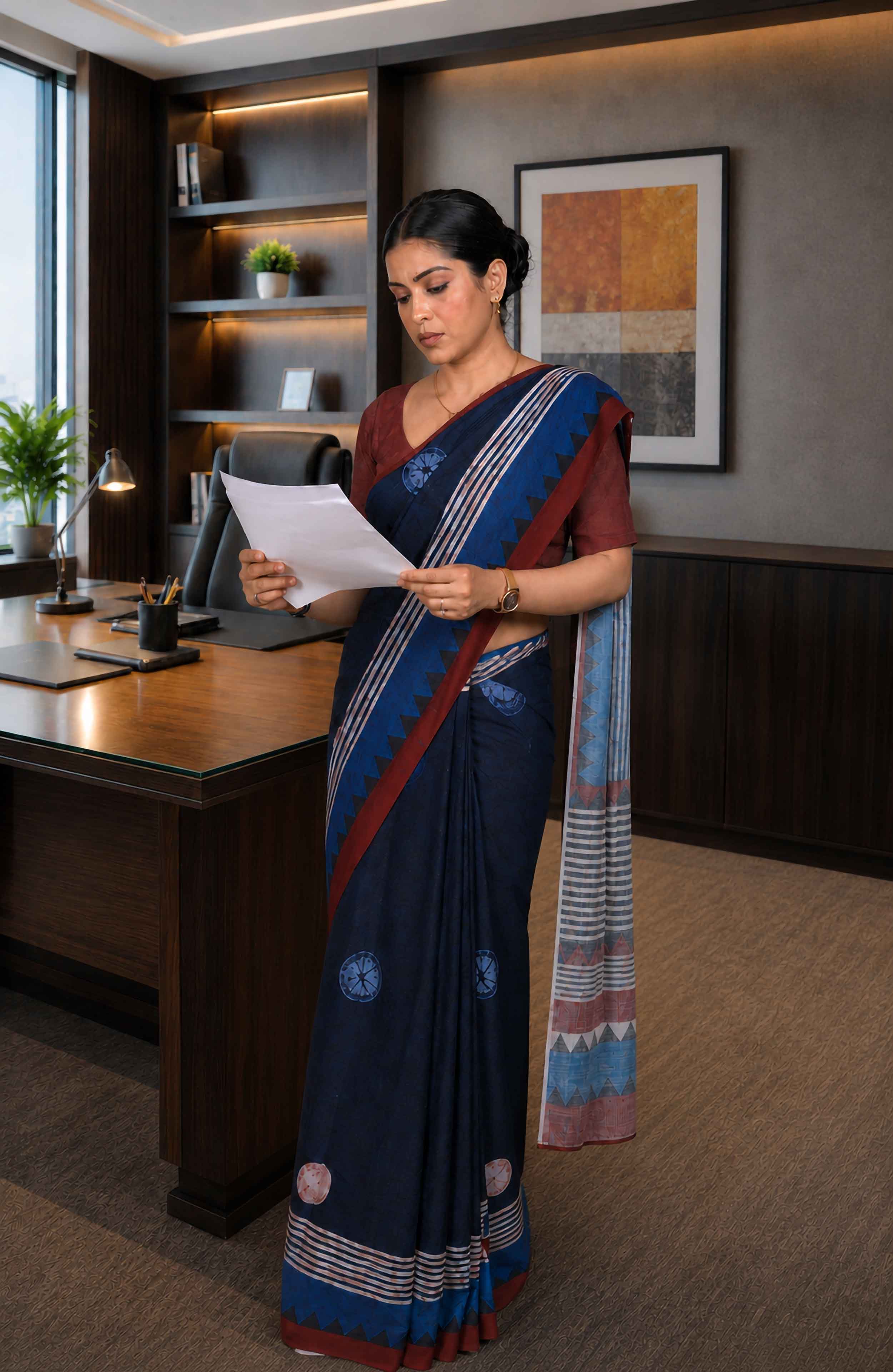 Blue geometric printed cotton blend saree corporate wear