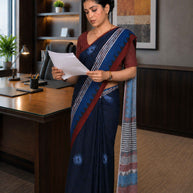 Blue geometric printed cotton blend saree corporate wear