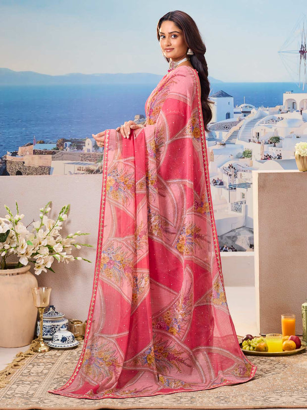 Stylish pink printed saree