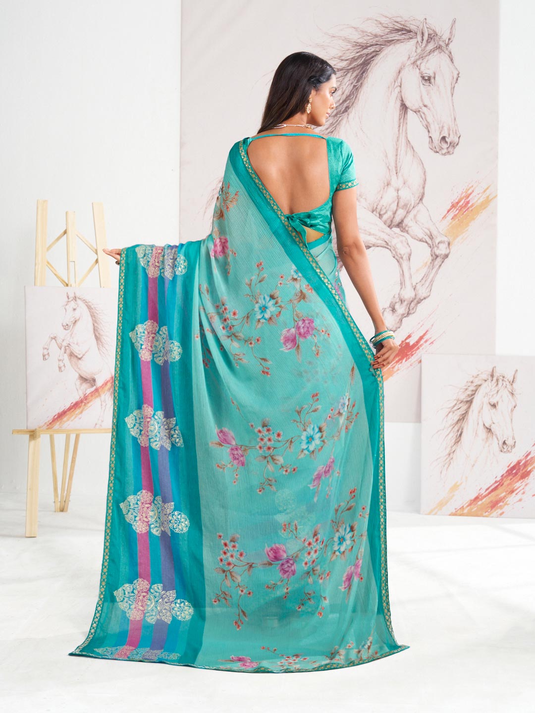 Laxmipati Murli Blue Chiffon Floral Saree