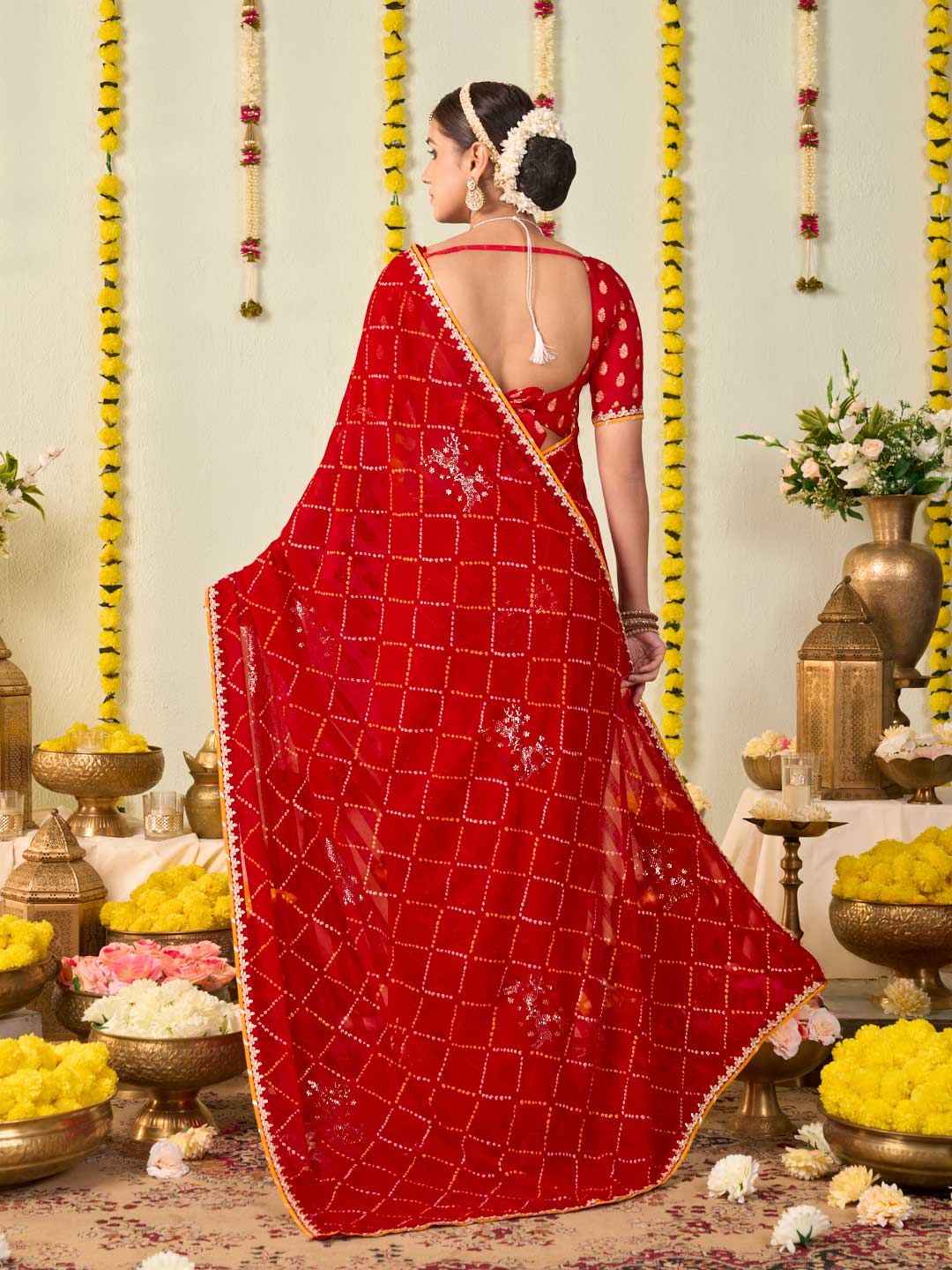 Red bandhani printed georgette saree party wear
