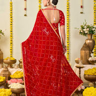 Red bandhani printed georgette saree party wear