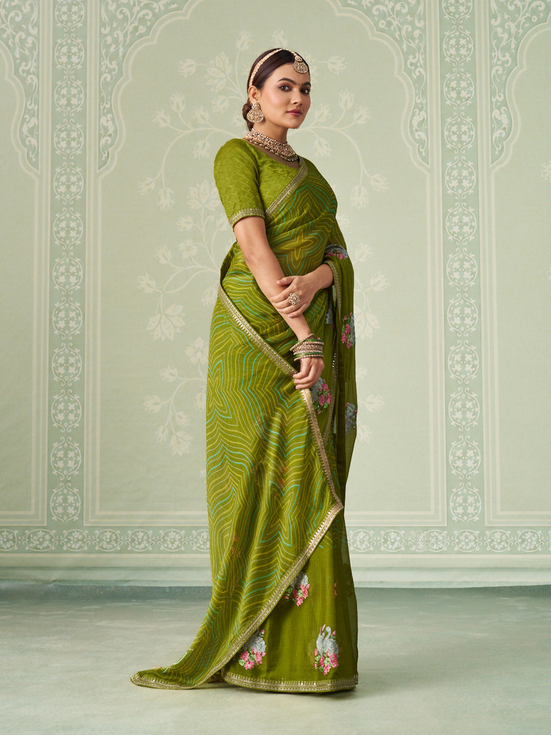 Green floral embroidered chiffon saree casual wear