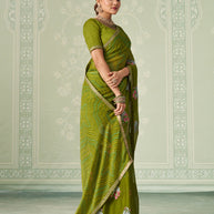 Green floral embroidered chiffon saree casual wear