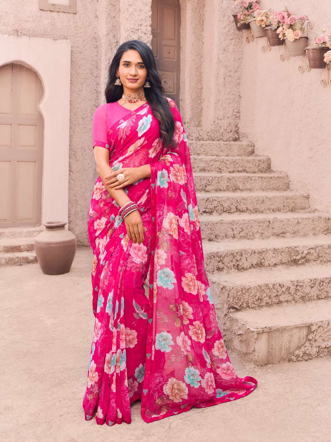 Pink georgette floral printed saree