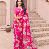 Pink georgette floral printed saree
