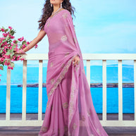 Purple metallic embroidered chiffon saree party wear