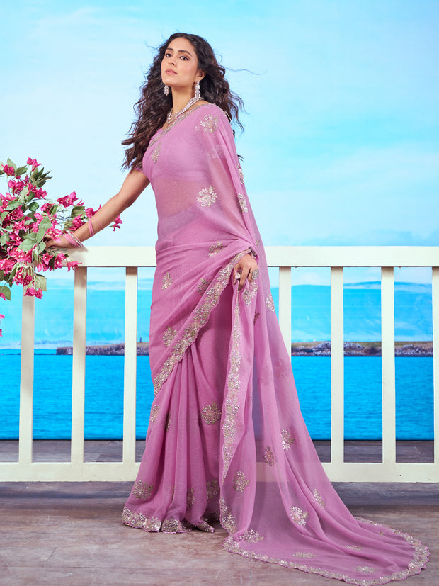 Purple metallic embroidered chiffon saree party wear