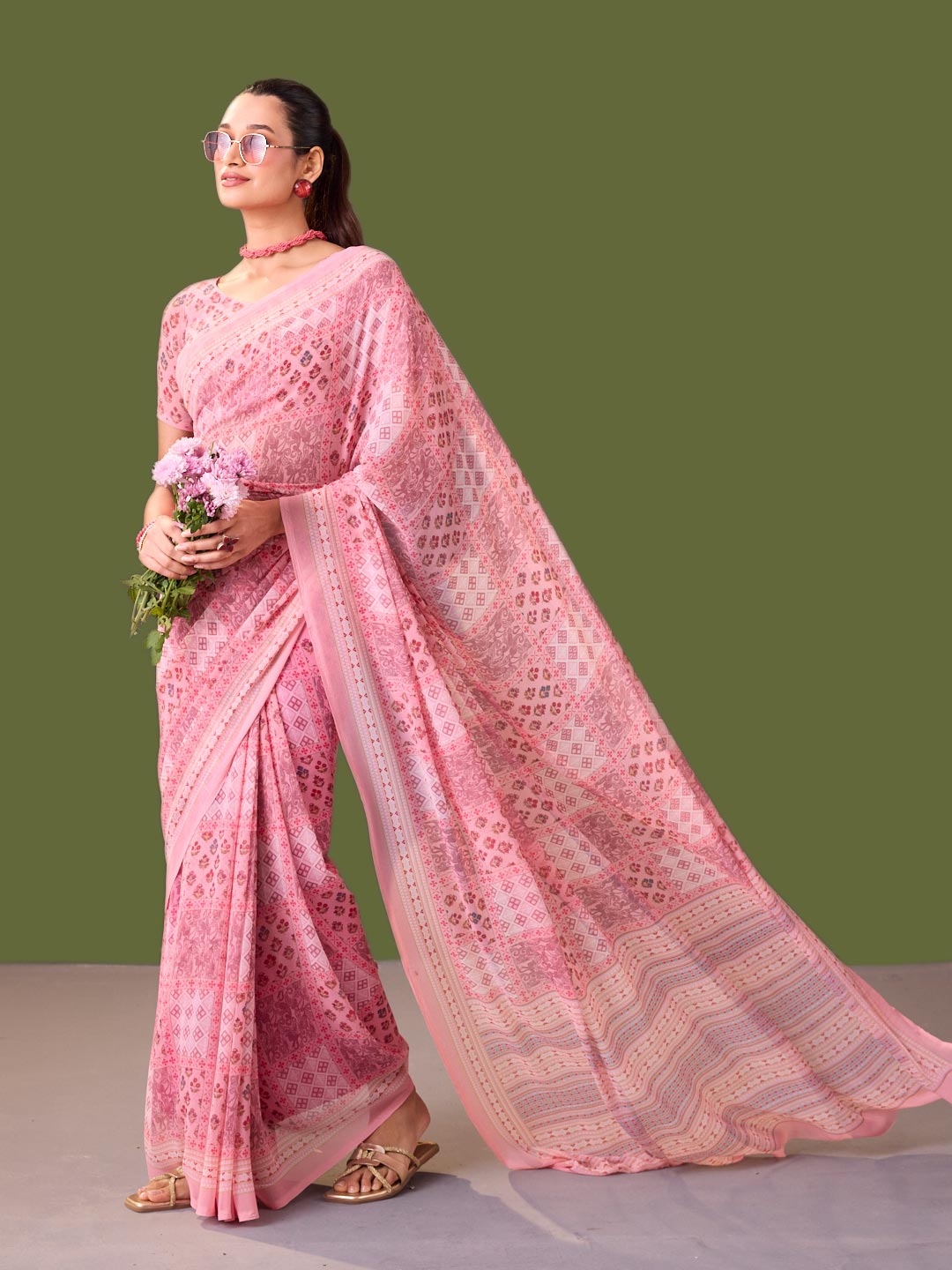 Laxmipati Dillagi Pink Georgette Floral Saree