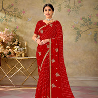 Red embroidered chiffon saree festive wear