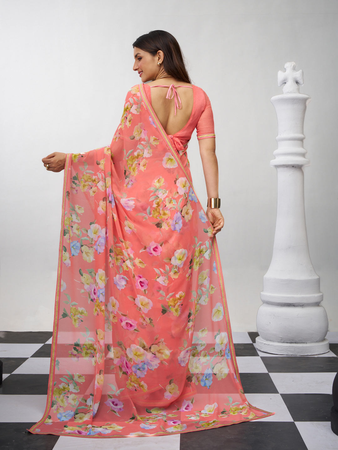 Peach trendy floral saree