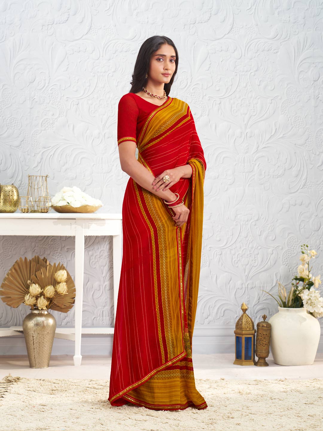 Red floral printed georgette saree casual wear