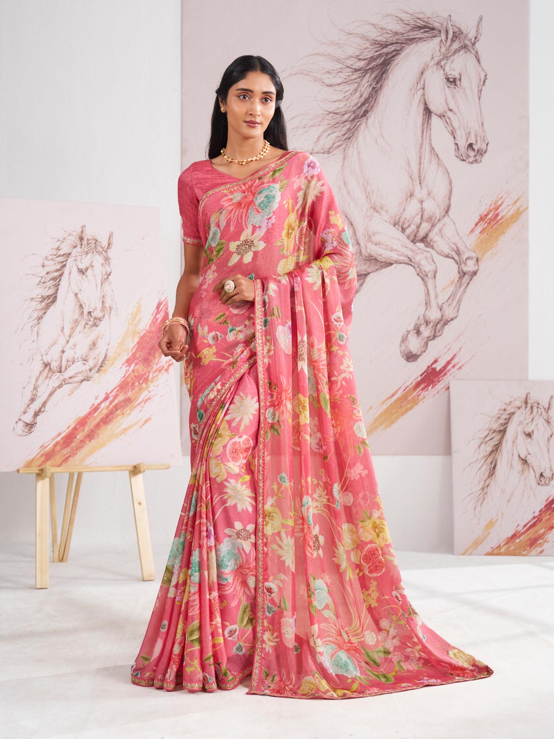 Laxmipati Murli Pink Chiffon Floral Saree
