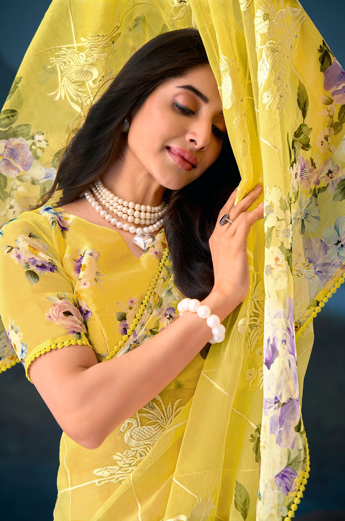 Yellow floral embroidered tissue organza saree festive wear