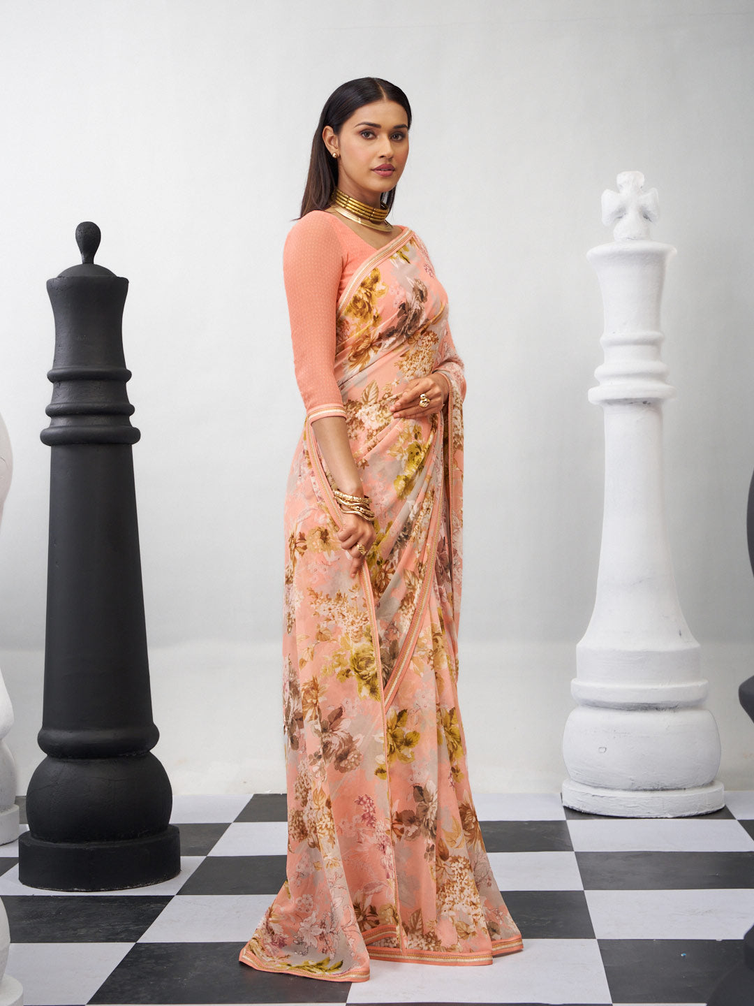 Orange printed saree daily wear