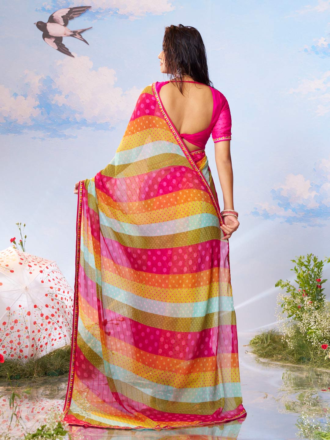 Multicolor striped printed chiffon saree casual wear