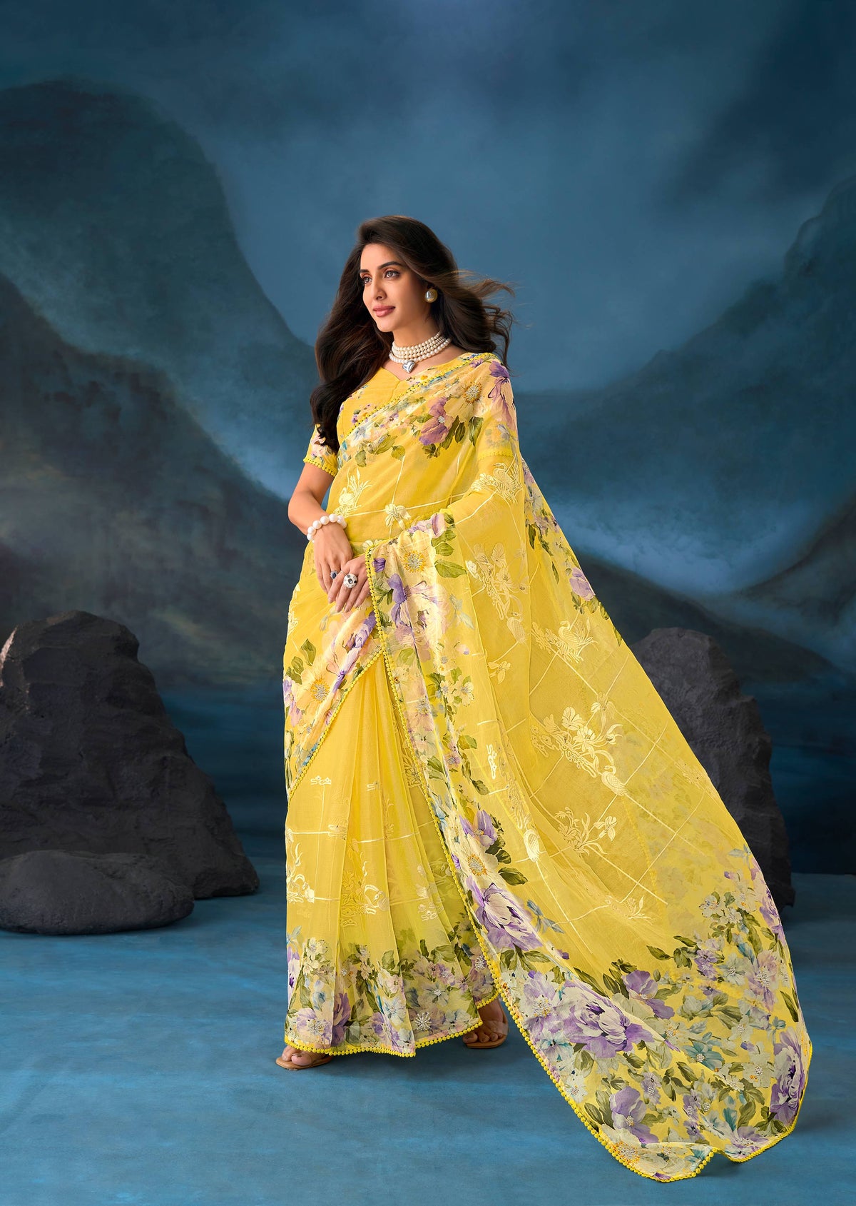 Yellow floral embroidered tissue organza saree party wear