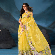 Yellow floral embroidered tissue organza saree party wear