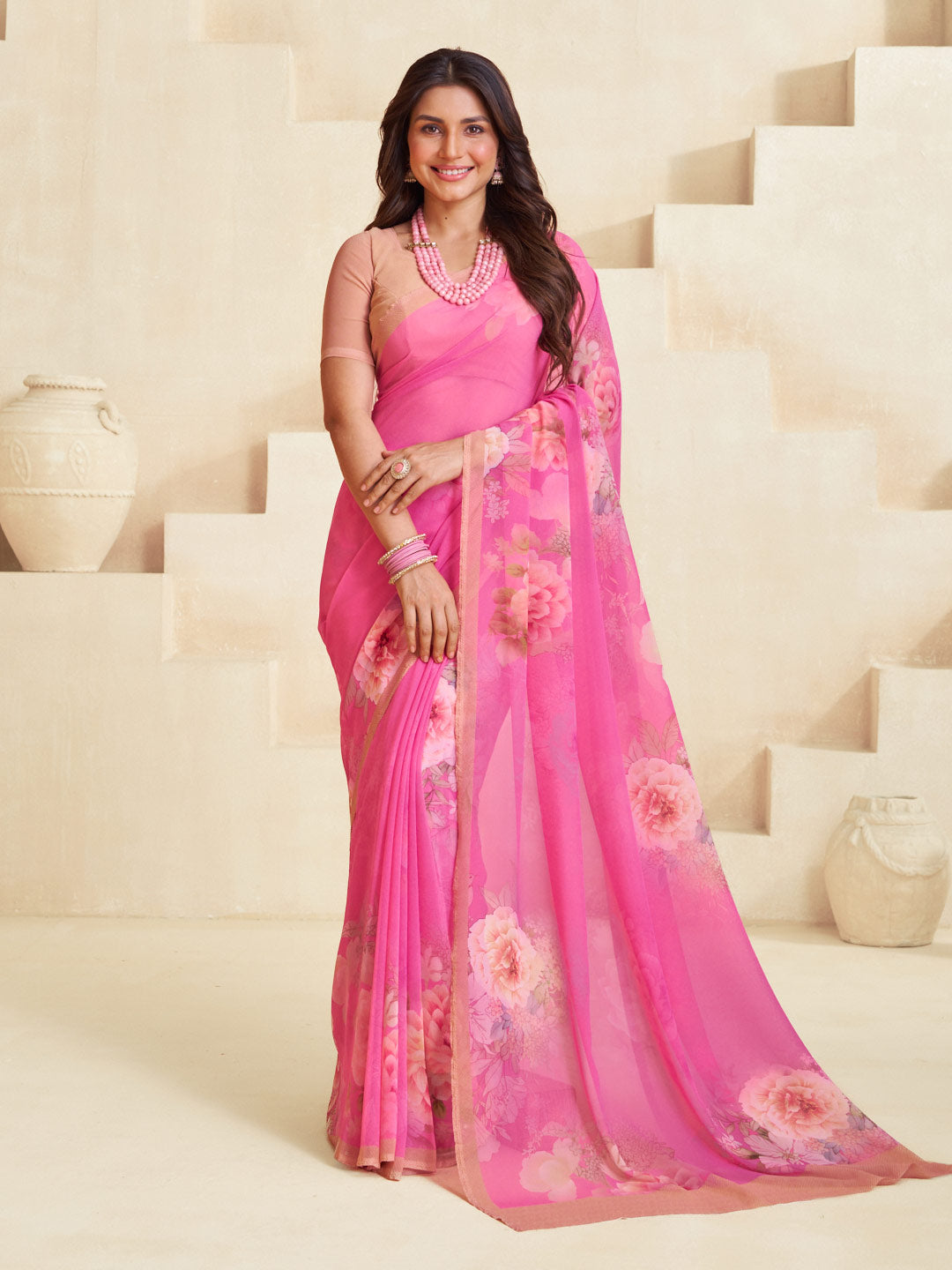 Pink floral printed georgette saree casual wear