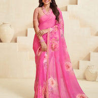 Pink floral printed georgette saree casual wear