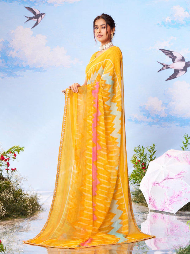  Yellow floral printed silk saree daily wear 