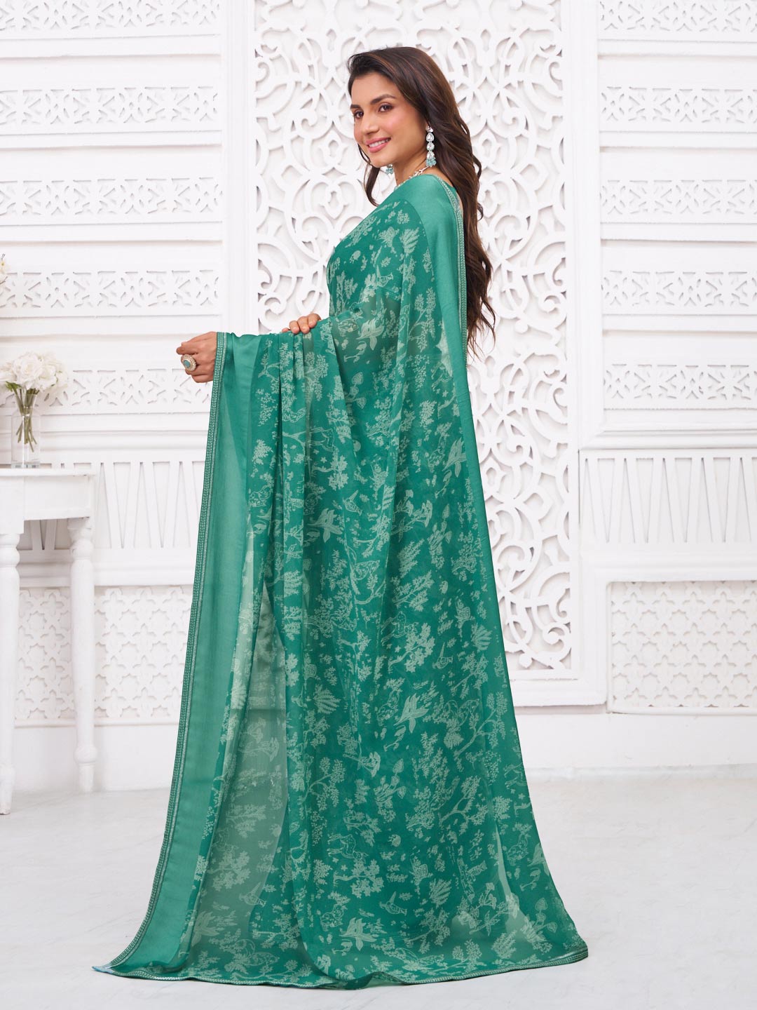 designer green printed saree