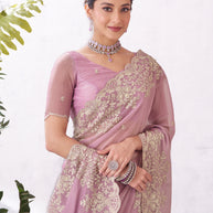 Pink floral embroidery saree trendy look