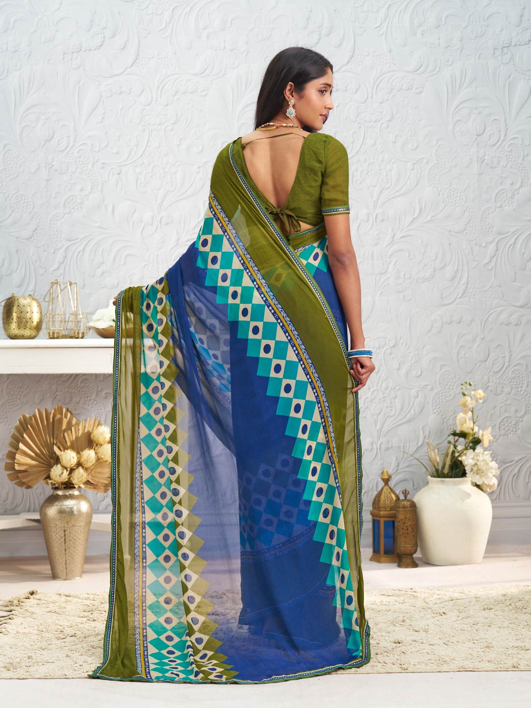 Blue geometric printed georgette saree party wear