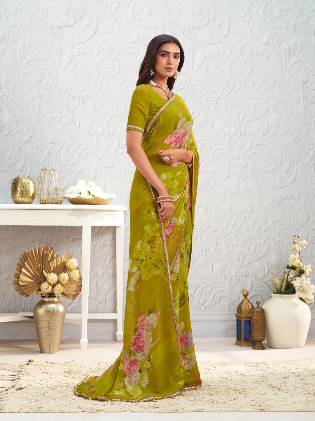 Olive Green floral printed georgette saree casual wear