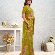 Olive Green floral printed georgette saree casual wear