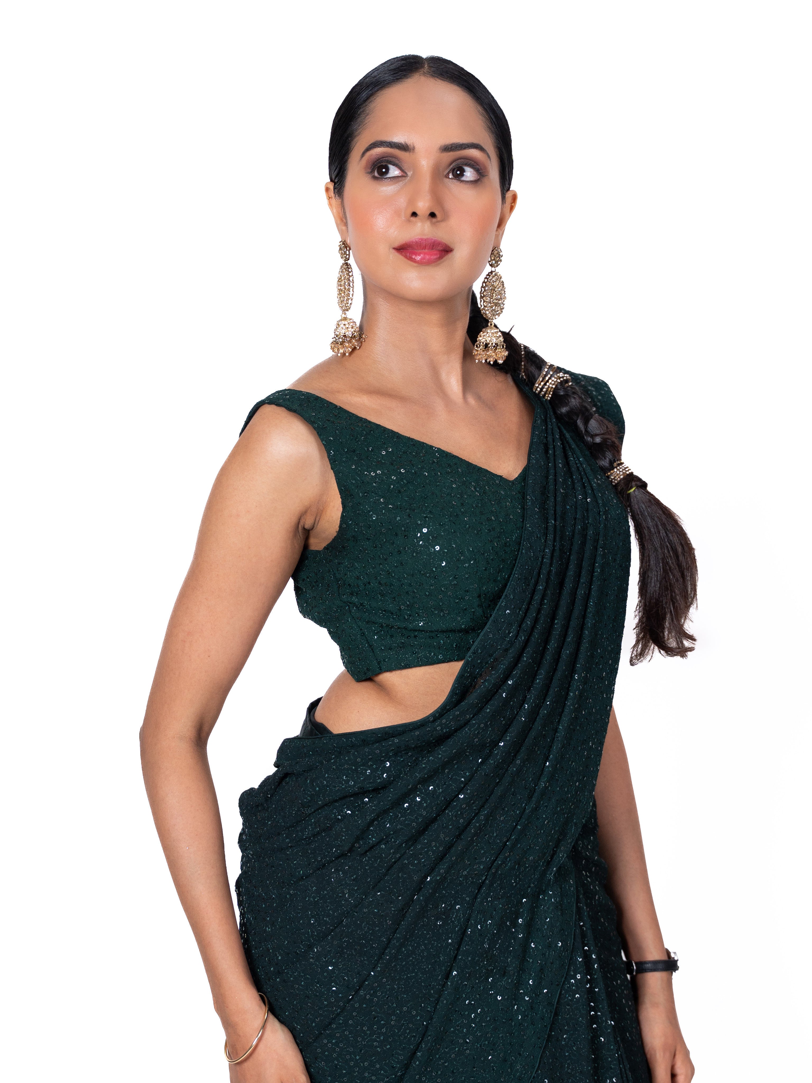Green sequin embroidered georgette saree daily wear