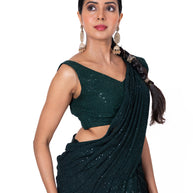 Green sequin embroidered georgette saree daily wear