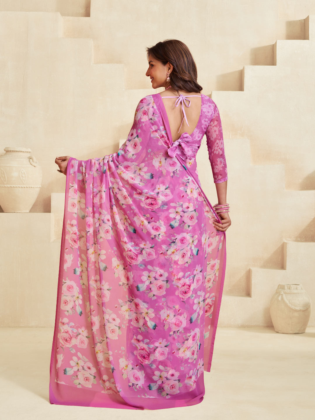 Pink trendy floral saree